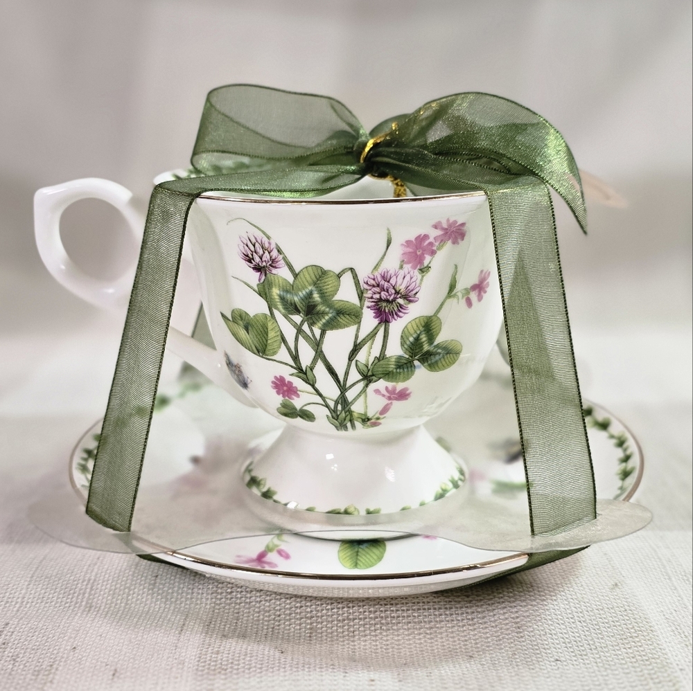 Bella Lux Coastline Bone China Teacup and Saucer Set Spring Blossom Butterfly
